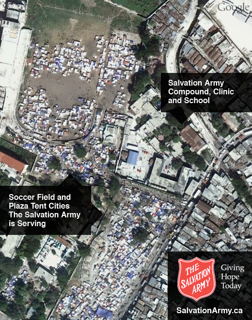 Imagem aérea do local de atuação do Exército de Salvação com os desabrigados do Haiti